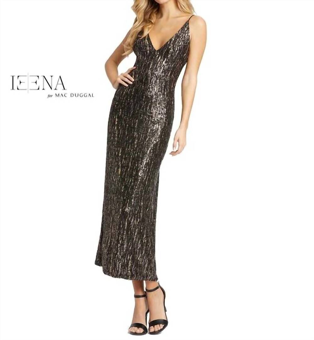NEW MAC DUGGAL sequined metallic v-neck midi dress in black gold